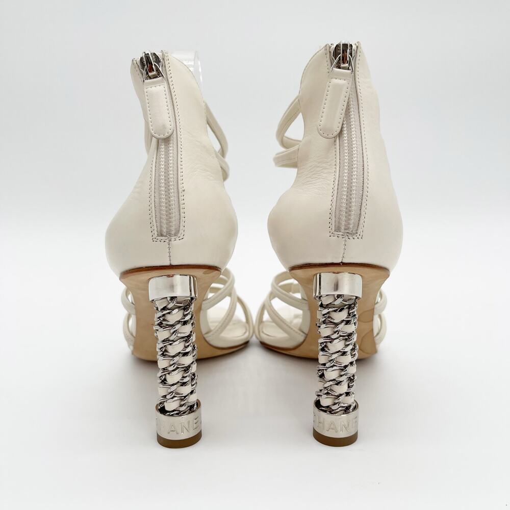 Chanel Ivory Leather Caged Coco Tower Chain Link Heel Ankle Zip Sandals EU 39 - Picture 8 of 12